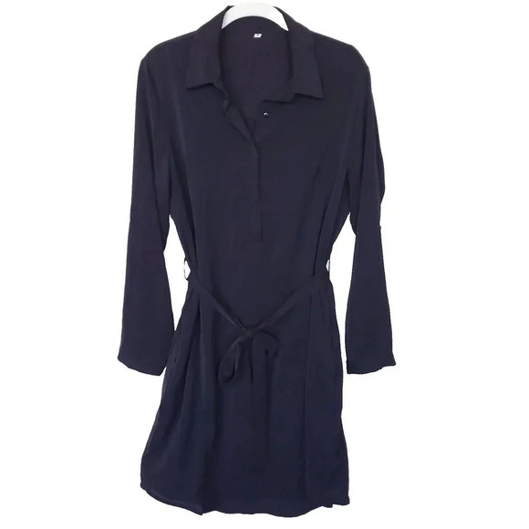 Black Shirt Mini Dress With Belt Size Medium Tunic Long Sleeve ButtonUp Collared - Picture 3 of 16